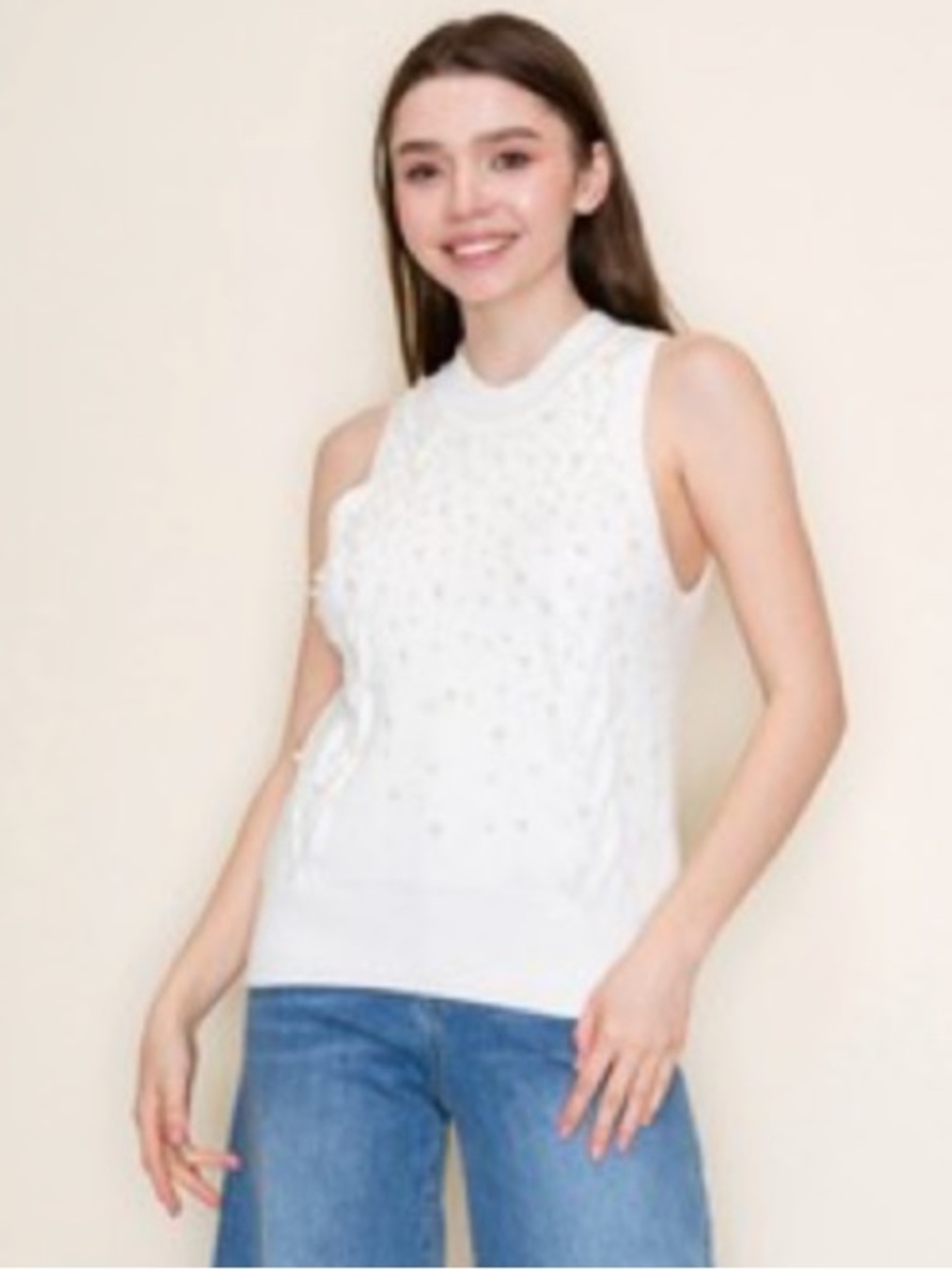 White Birch PLUS Off White Sleeveless Pearl Detailed Body Solid Knit Top